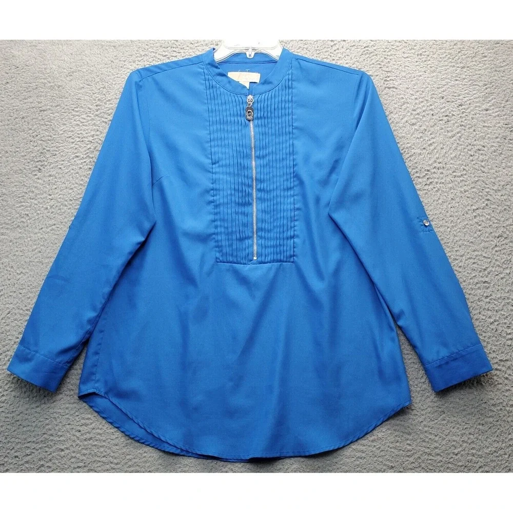 Michael Kors Blouse Top Womens Large Blue Pleated Roll Tab‎ Long Sleeve 1/2 Zip